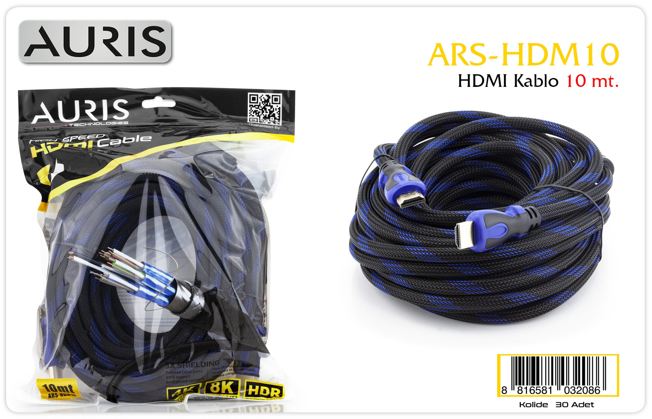 Auris ARS-HDM10 10 mt Örgülü 8K HDR HDMI Kablo 